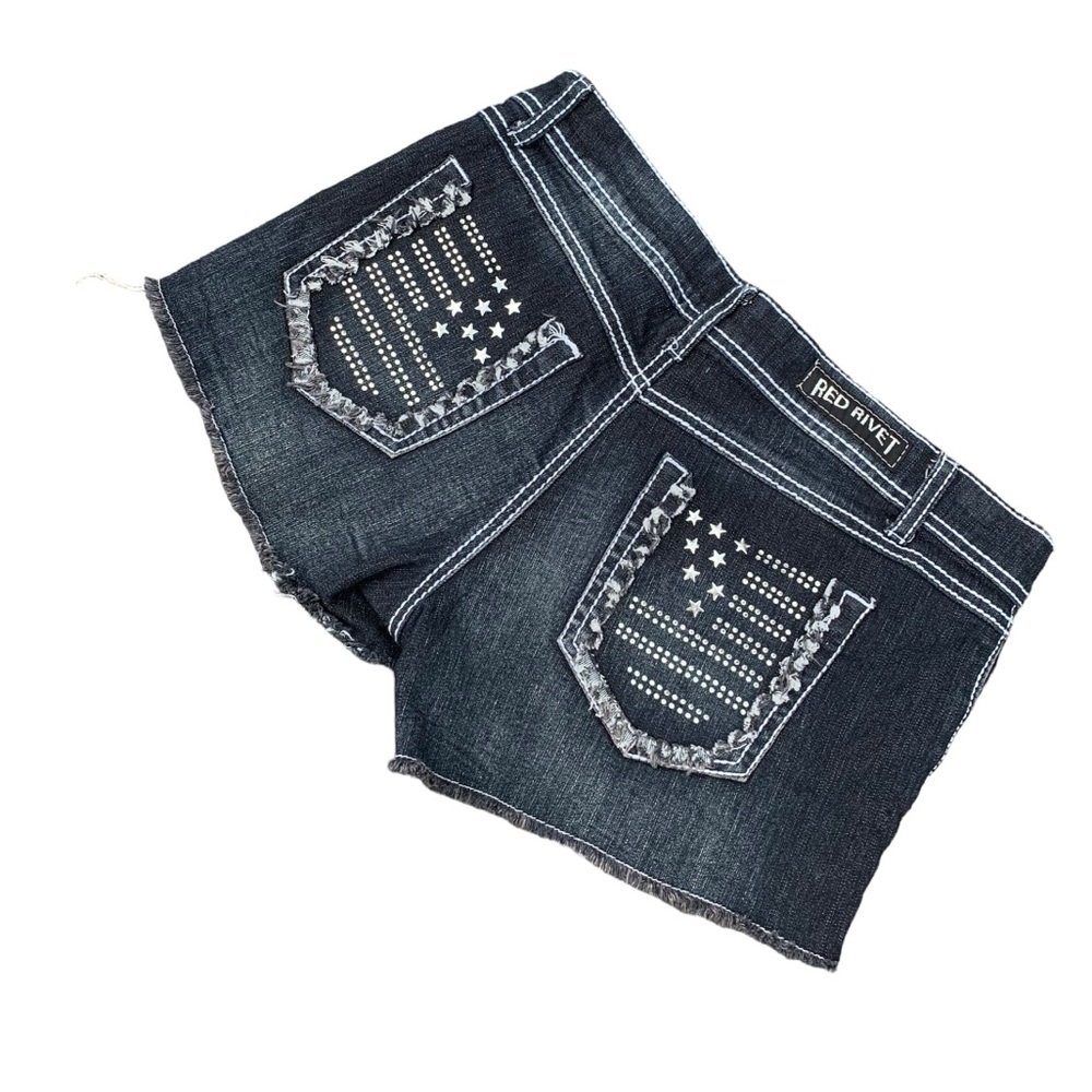 Y2k Red Rivet Faded Black Embellished Jean Shorts - image 2